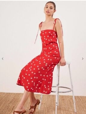 REFORMATION Finley Dress Red Floral Print Slip Midi Dress Tie Spaghetti Straps 4